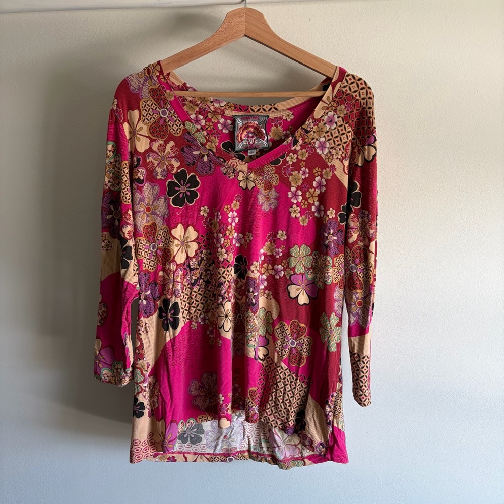 Johnny Was Pink and Tan Floral Blouse